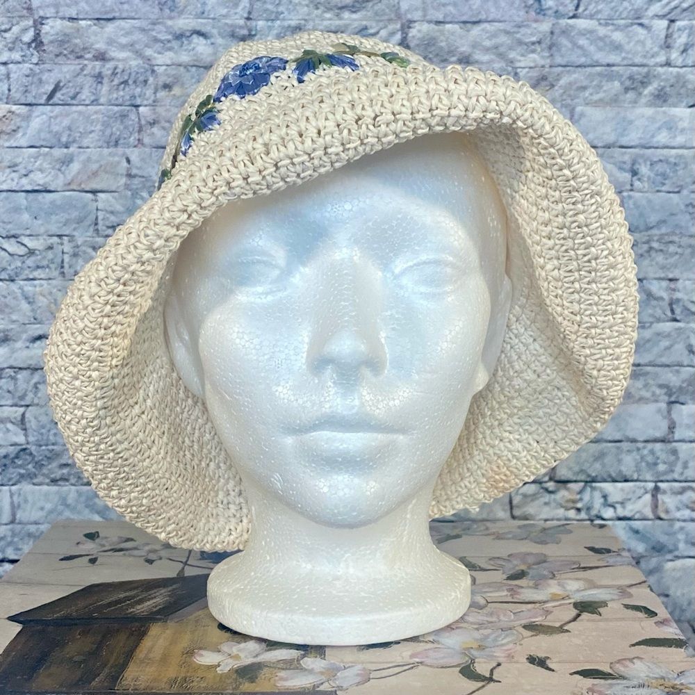 Vintage Woven Summer Hat Floppy Brim Embroidered 100% Woven Paper